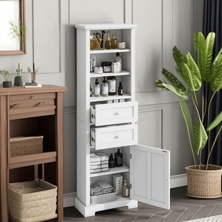 67" White Freestanding Linen Side Cabinet Bathroom Linen Tower Cabinet Bathroom Cabinet - Bed ...